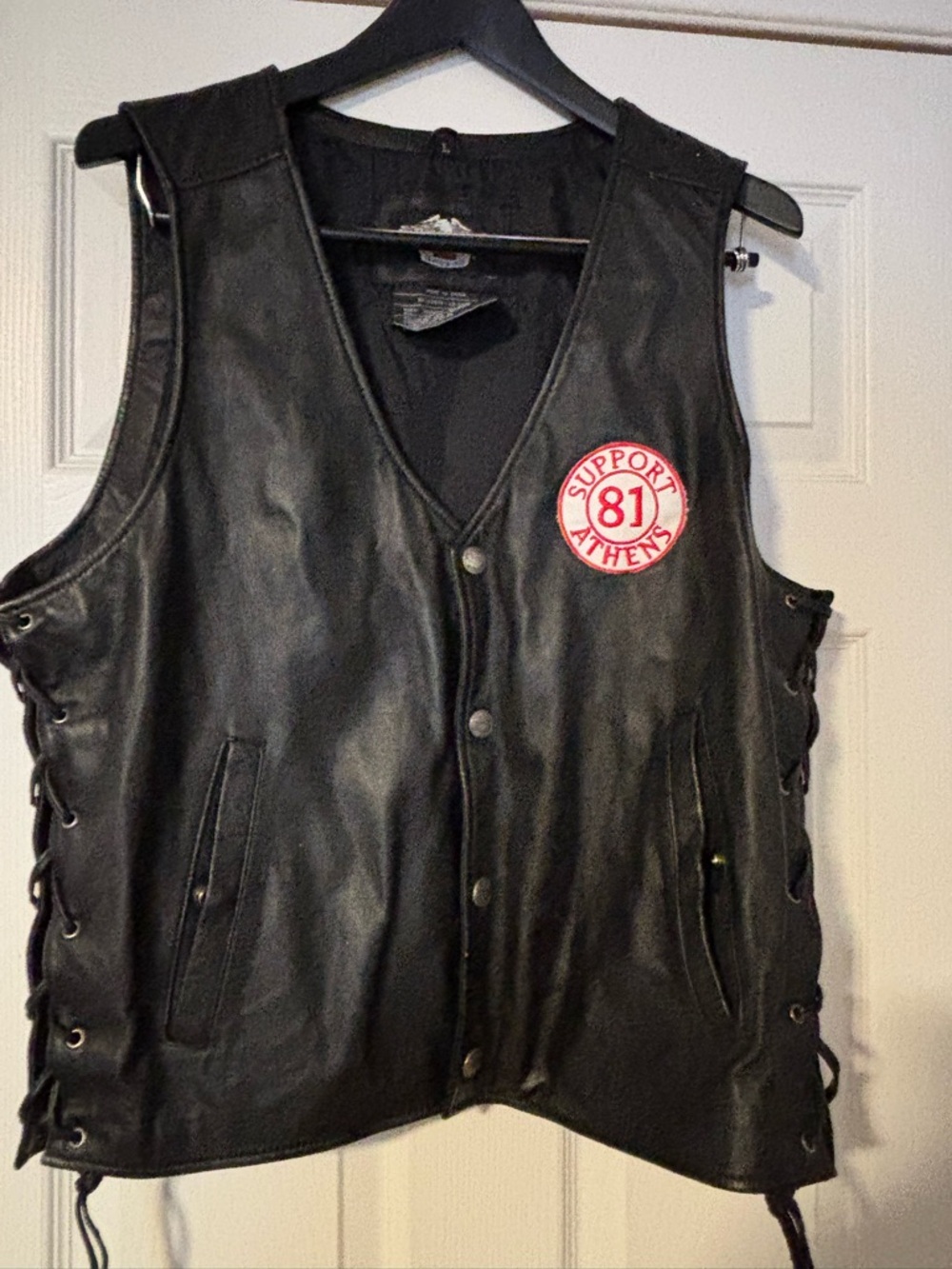 Harley-Davidson Black Leather Vest with Red White Patch